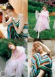 A collage of photos of a woman in a pink dress.