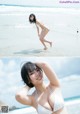 A woman in a white bikini standing on the beach.